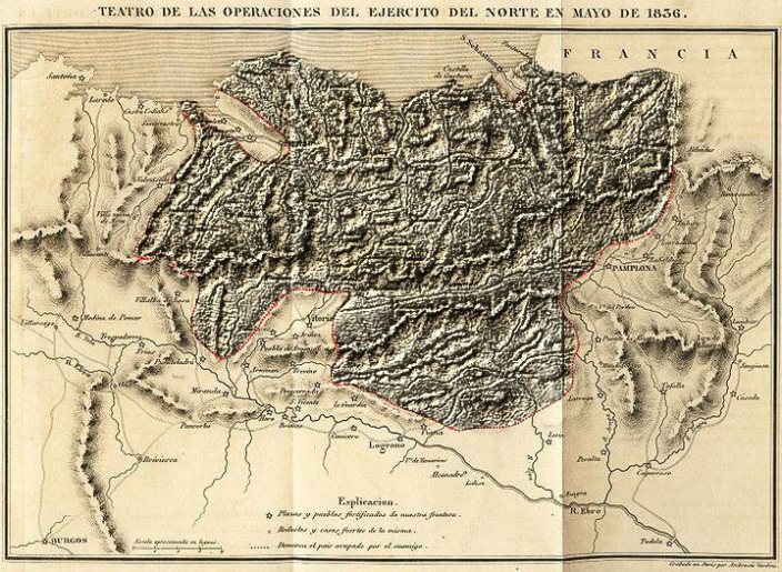 Resaltado propio sobre el famoso mapa del General Codova. Situación de la invasión de los territorios vascos por parte del Ejército Liberal Español con apoyo inglés, en 1836.